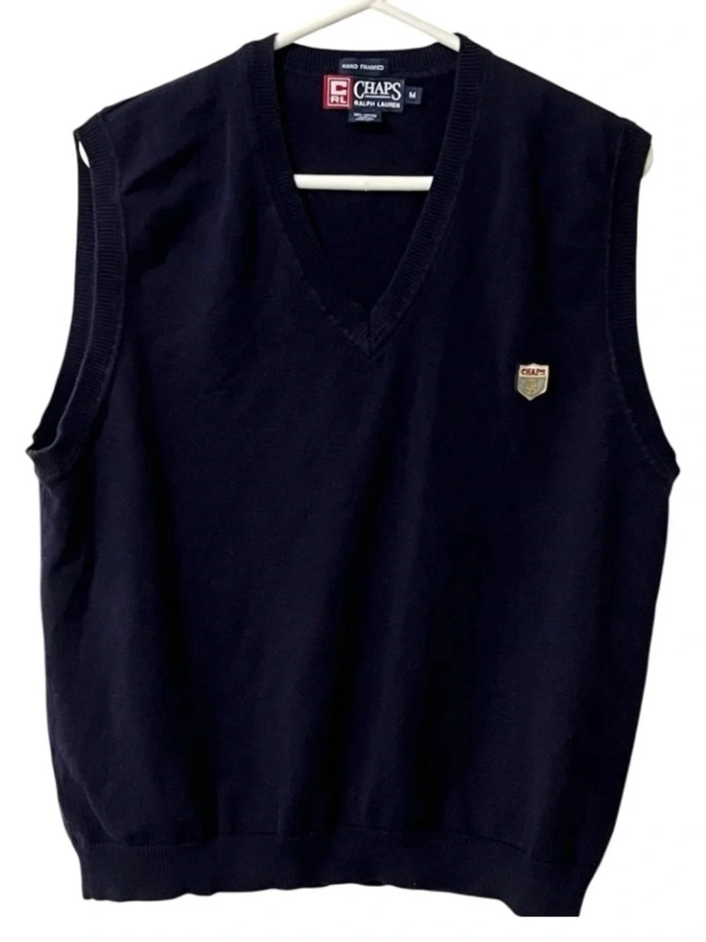 Vintage Chaps Ralph Lauren Sweater Vest M Navy Cotton Hand Framed Preppy Crest